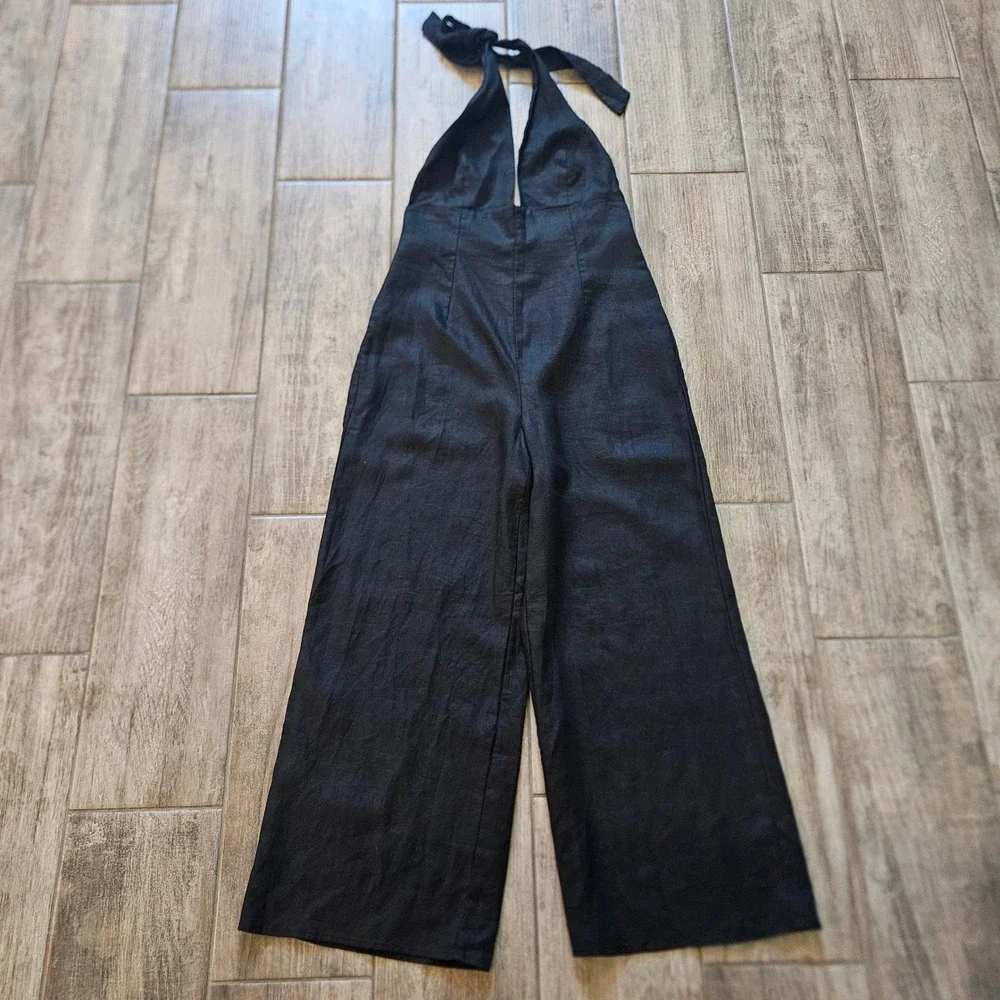 Wilfred Jumpsuit Size 4 Black Linen Halter Wide Leg Open Back Summer Chic